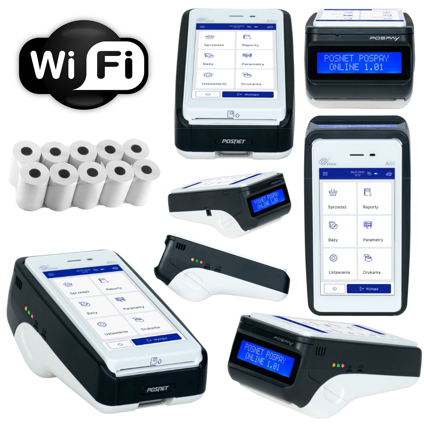 Kasoterminal POSPAY2 z rolkami termicznymi i logiem Wi-Fi